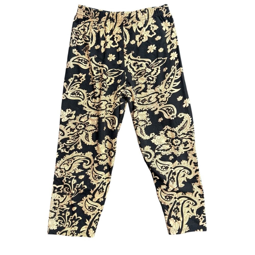 Baroque Black‎ Gold Paisley Floral Boho High Rise Cropped Leggings Small Stretch